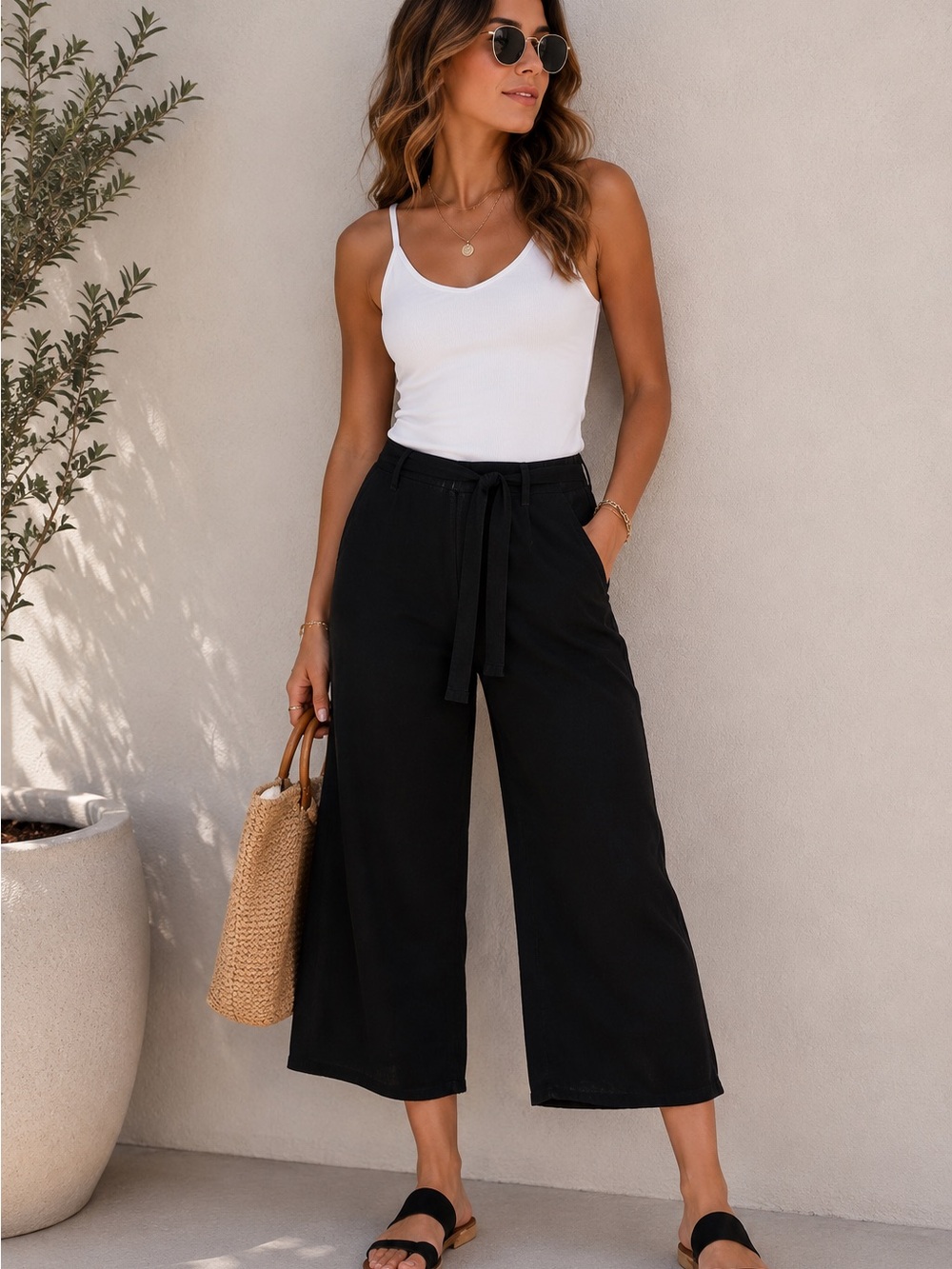 L*Space Smith Belted Black Wide Leg Crop Pants‎